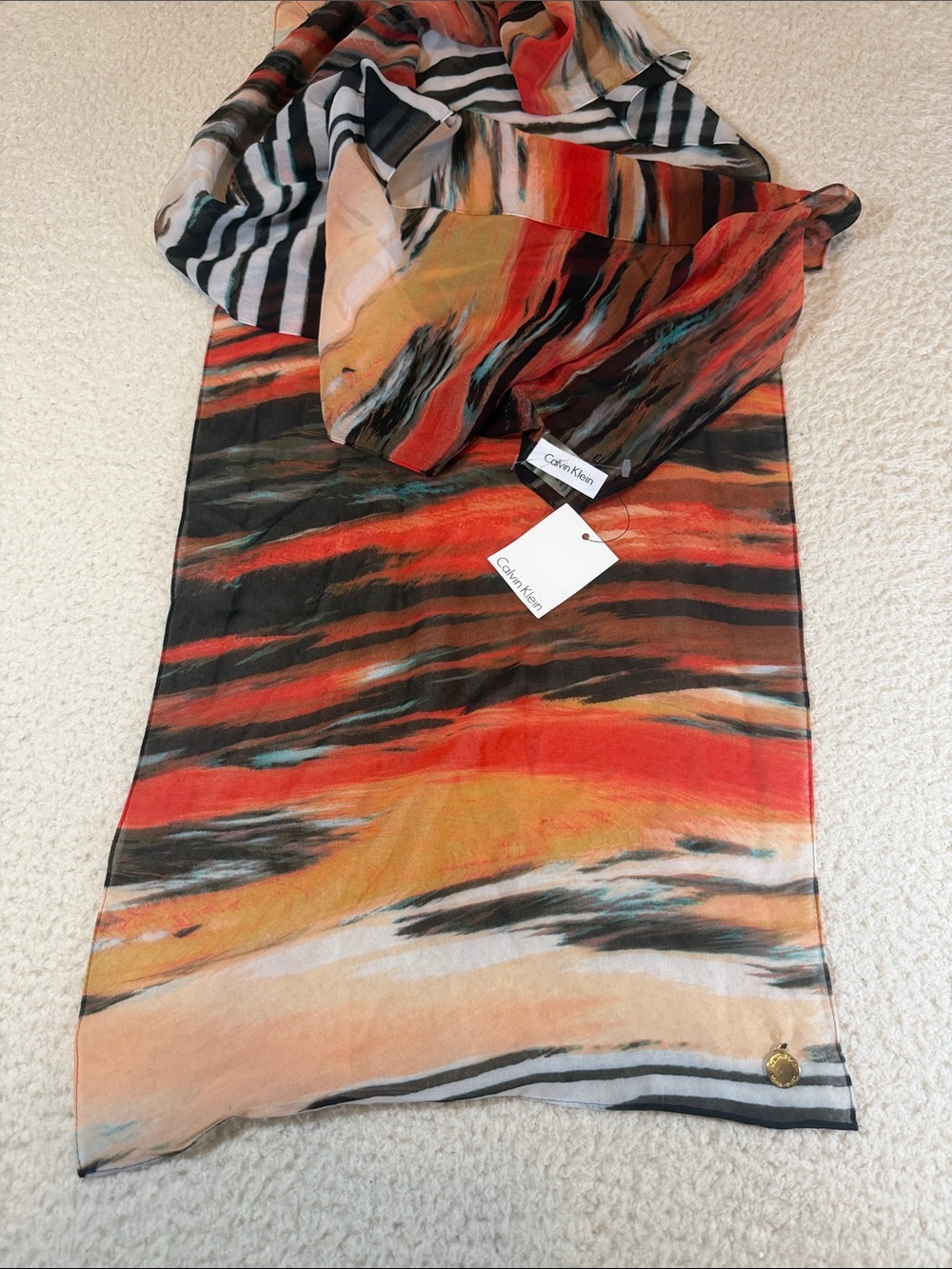 Calvin Klein Orange Red Black Striped Abstract Silk Scarf 354
